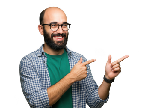 Smiling bearded man with glasses points to the right indicating information transparent background - Powered by Adobe