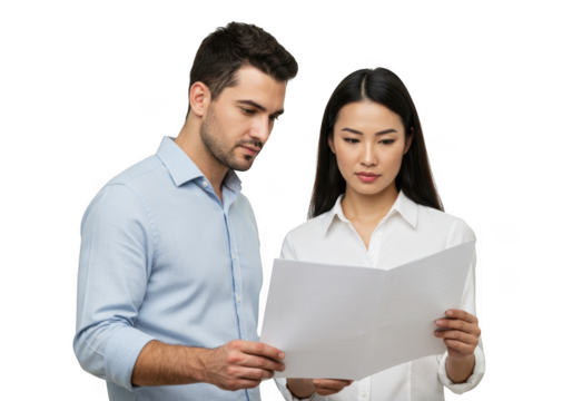 Two professionals examining a document together in a collaborative meeting focused on data transparent background