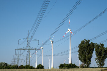 Wind energy plants and overhead power lines seen in Germany