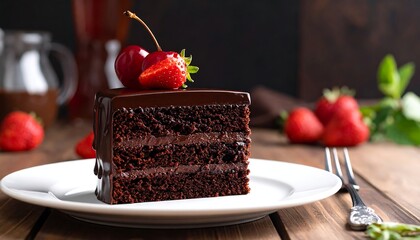 Rich chocolate cake slice, layered, with chocolate ganache, cherries, and strawberries