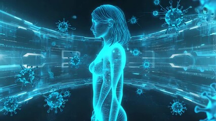 Animated 3D rendering shows the human body battling viruses in a futuristic medical simulation, perfect for illustrating health technology and breakthrough medical research in a modern way - Powered by Adobe