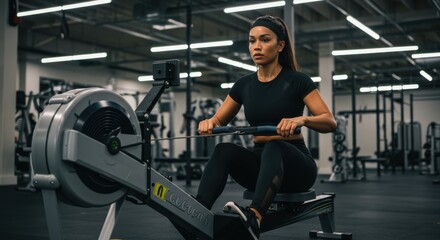 Obraz premium Rowing workout session modern gym fitness activity indoor environment focused viewpoint strength training concept