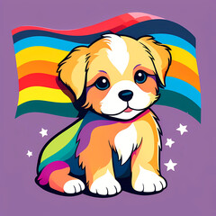 cute cartoon sticker art design of an adorable little tan, brown and white terrier puppy with rainbow colors and flag