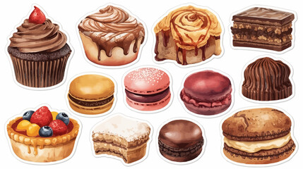 Assorted pastries and desserts including cupcakes, macarons, and tarts.