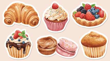 A collection of watercolor pastries including a croissant, cupcakes, a tart, and macarons.