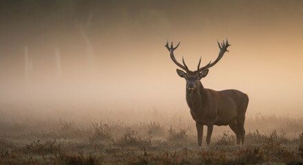 Majestic stag standing in misty landscape early morning nature tranquil environment serene viewpoint