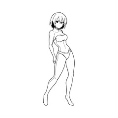 Black and white hot anime character line art illustration, stylish minimal outline drawing in clean style