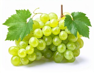 Obraz premium A fresh bunch of ripe green grapes with vibrant leaves, isolated on a clean white background.