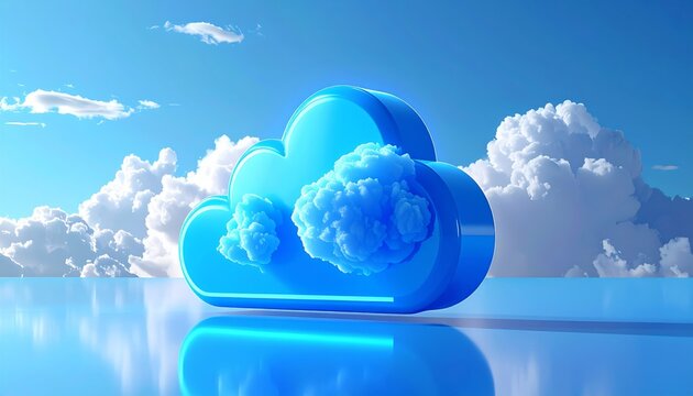 Digital cloud computing concept with blue light energy and motion pattern background and glowing clouds illustration