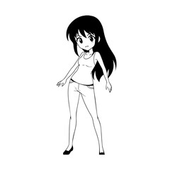 Black and white hot anime character line art illustration, stylish minimal outline drawing in clean style