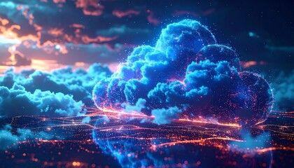 Obraz premium Digital cloud computing concept with blue light energy and motion pattern background and glowing clouds illustration