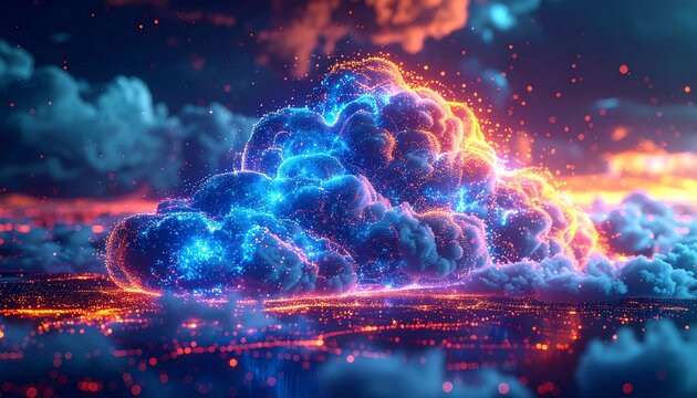 Digital cloud computing concept with blue light energy and motion pattern background and glowing clouds illustration