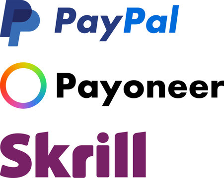 paypal, payoneer and skrill logo icon set . Payment systems icon logo. popular payment gateway brands. Online card company logo
