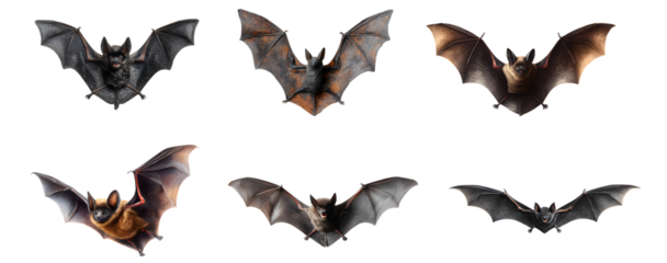Flying bats set isolated on a transparent PNG background, white background, cut out