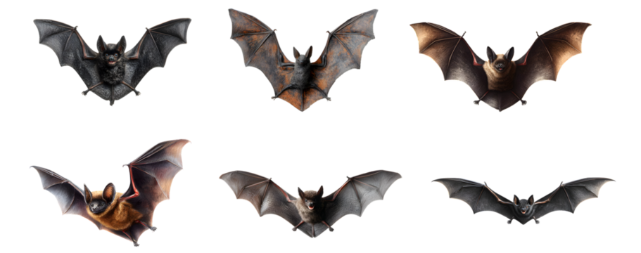 Flying bats set isolated on a transparent PNG background, white background, cut out