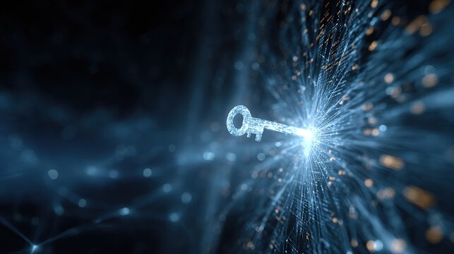 Digital glowing key entering abstract network of light trails and nodes dark background futuristic data concept