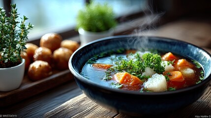 Warm Bowl of Vegetable Soup with Herbs and Steam on Wood Table Cinematic HDR Food Photography