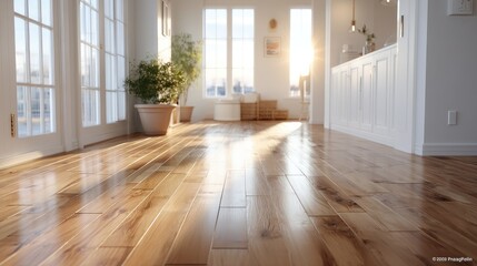 Warm Daylight on Smooth Polished Wooden Floor in Bright Room Interior
