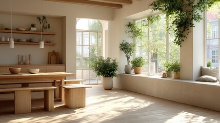 Warm Dining Room Decor with Sunlight and Greenery and Natural Wood Furniture in a Cinematic HDR Lifestyle Photo