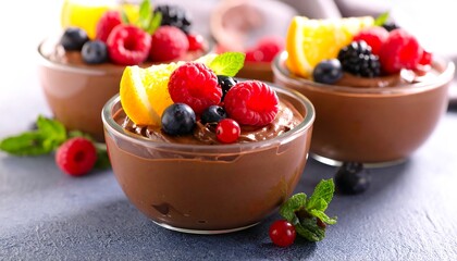Rich chocolate mousse topped with fresh berries and orange slices