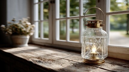 Vintage Oil Lantern with Golden Accents on Wooden Window Sill in Natural Light with White Flowers
