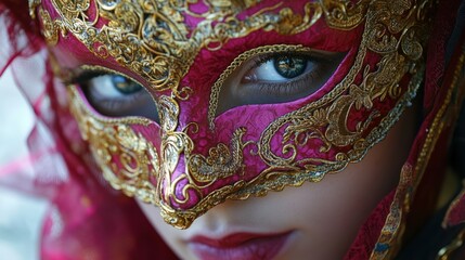 Close-up of a woman wearing a detailed Venetian mask