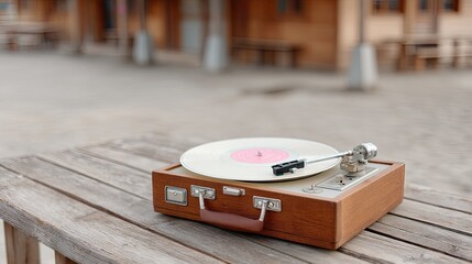 Vintage Turntable with Cream Vinyl Record on Rustic Wooden Table Outdoors