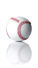 A pristine baseball rests on a reflective surface, casting a clear shadow