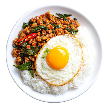 Pad kra pao moo sap, Thai basil pork with fried egg isolated on transparent background, street food