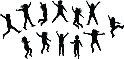 Children jumping silhouettes, playful motion, cartoon vector illustration, energetic poses, childhood activity, freedom theme, dynamic movement, outdoor play, fun expression