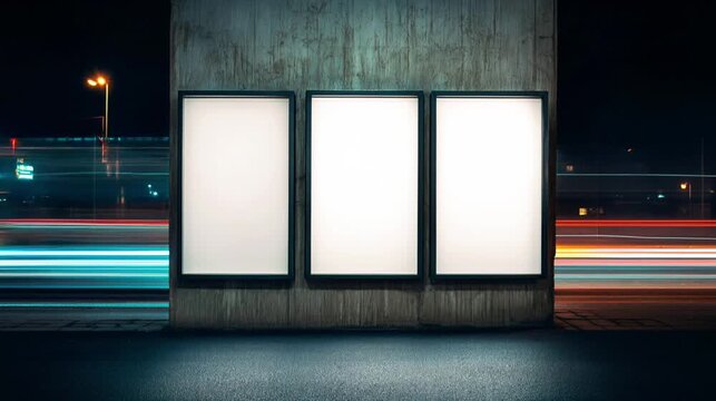 Triple Blank Billboard Mockups at Night with Long Exposure Traffic Lights | Urban Advertising Space