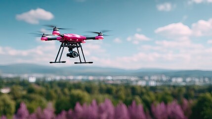 Vivid Pink Drone Soaring Above Lush Green Trees and Distant Urban Landscape Under a Bright Blue Sky Aerial Shot