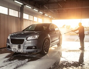A gray car is being pressure washed in a car wash bay, sunlight streams in from the open door