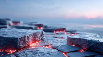 Volcanic Rocks Close Up Displaying Molten Cracks against Sky Background in Cinematic HDR Lighting