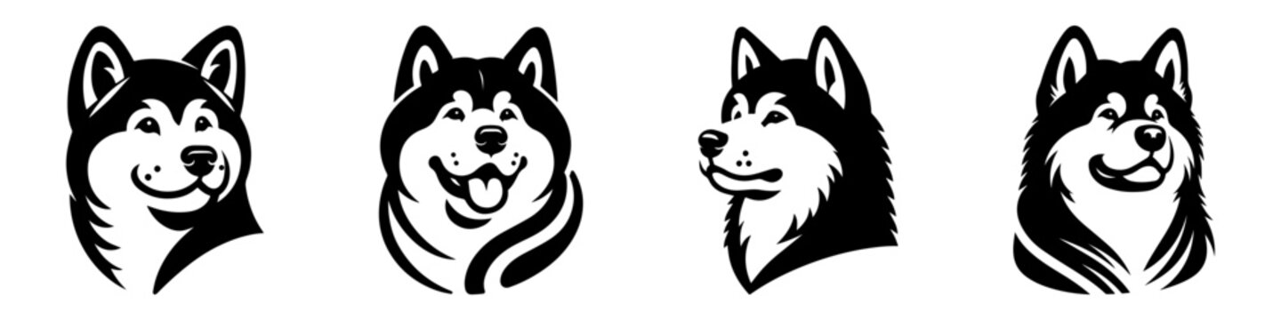 Modern Minimalist Alaskan Malamute Dog Head Portrait Confused Icon, Flat Silhouette of a Dog Vector for Pet Illustration Design
