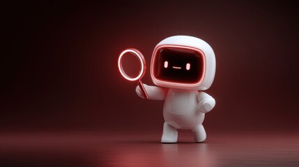 A cute, cartoonish astronaut character with a glowing red visor holds a magnifying glass, set against a dark background, cute robot with gadgets with space for text
