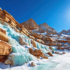 Obraz premium Icy Blue Waterfall Frozen in Winter Mountain Landscape