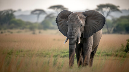 Obraz premium African elephant walking through a savanna landscape with acacia trees in the background