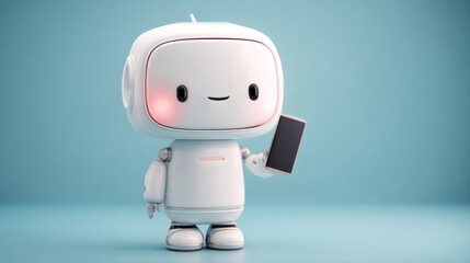 A friendly robot holding a smartphone, featuring a simple design with a smiling face, set against a soft blue background, cute robot with gadgets with space for text