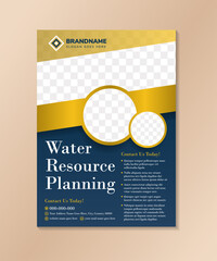 Blue World Water Resources Day Environmental Protection Poster. Water resources planning flyer template on vertical layout with space for photo collage. white and gold gradient on element