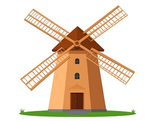 A simplistic illustration of a traditional windmill, light brown with dark brown accents, set against a white background