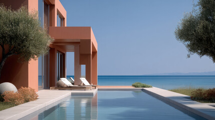 Modern villa infinity pool ocean view sun loungers tranquil atmosphere minimalist design summer luxury relaxation blue sky