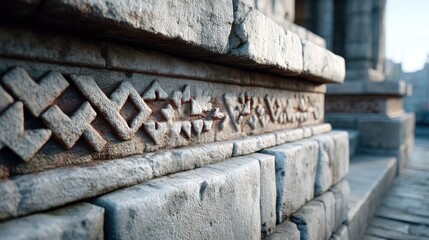 Ancient Stone Carving with Intricate Geometric Patterns Detailed Textures and Warm Color Palette Featuring a Weathered Surface and Subdued Lighting
