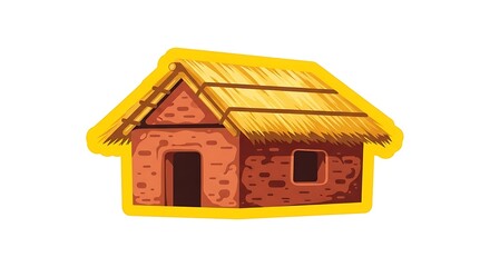 Charming thatched roof hut with rustic brick walls, evoking a sense of simple living and natural shelter, perfect for historical or cultural themes