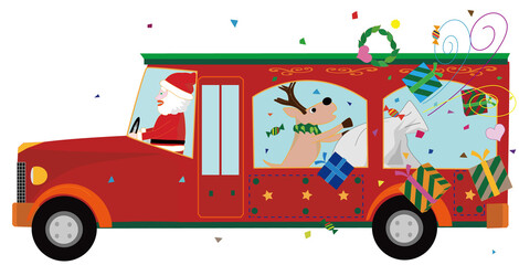 クリスマスにサンタクロースとトナカイがバスでパレードをしているイラスト素材です。