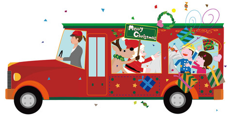 クリスマスにサンタクロースとトナカイがバスでパレードをしているイラスト素材です。