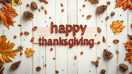 Thanksgiving Red 3D Text with Autumn Leaves and Pine Cones Decoration: White Wood Background Warm Holiday Design for Posters, Cards and Social Media