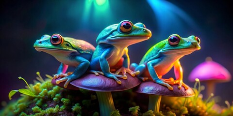 Naklejka premium Vibrant Amphibians Perched Atop Luminescent Fungi in a Mystical Nighttime Scene