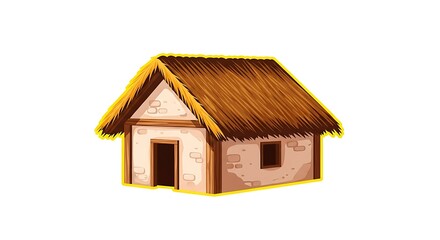 Charming thatched roof cottage evokes rural simplicity and cozy living, perfect for storytelling and whimsical designs.