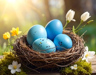 Obraz premium Springtime Nest Filled with Azure Eggs and Blossoms